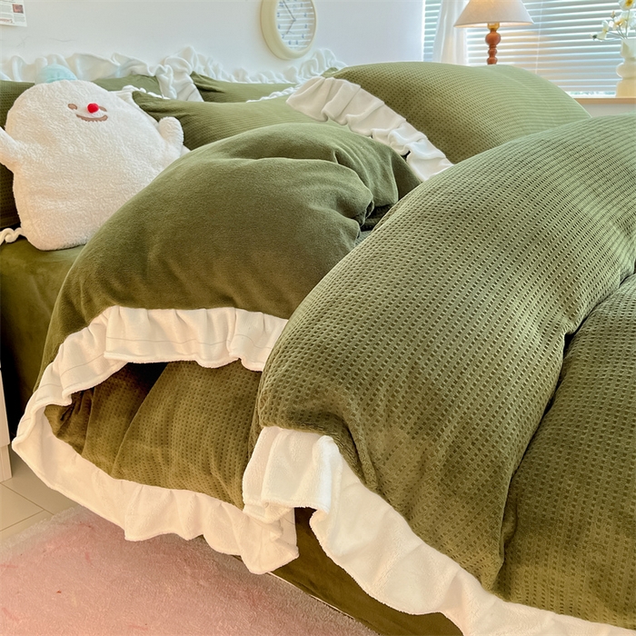 91家纺网 家纺一手货源 找家纺 星座家纺 2025新款华夫格花边款牛奶绒四件套 华夫格-橄榄绿