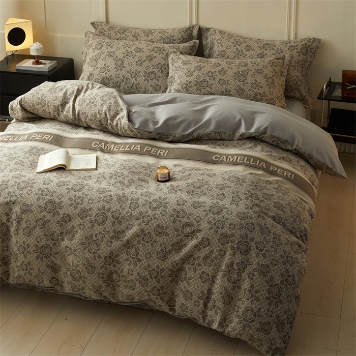 91家纺网 家纺一手货源 找家纺 启程家纺 2024全棉生态磨毛印花四件套 玫瑰-灰