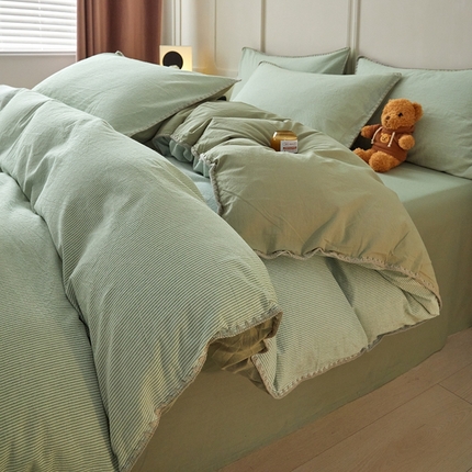 吉象家纺 2024新款A类全棉色织水洗棉贝壳边三角针四件套    秘境浅绿