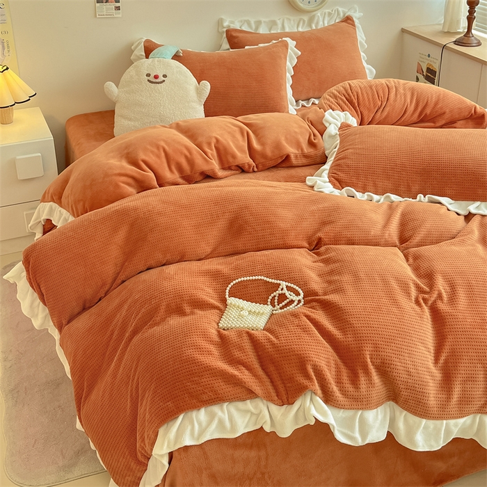 91家纺网 家纺一手货源 找家纺 星座家纺 2025新款华夫格花边款牛奶绒四件套 华夫格-亮橙