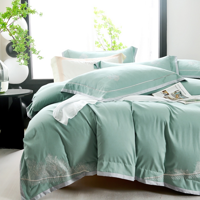 91家纺网 家纺一手货源 找家纺 U品汇 2024新品生态加厚长绒棉纯棉绣花100S全棉磨毛刺绣四件套高级50支双股 加州风情-松石绿