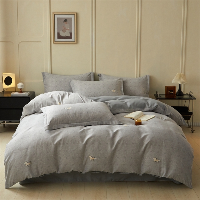 91家纺网 家纺一手货源 找家纺 启程家纺 2024全棉生态磨毛印花四件套 梅西-灰