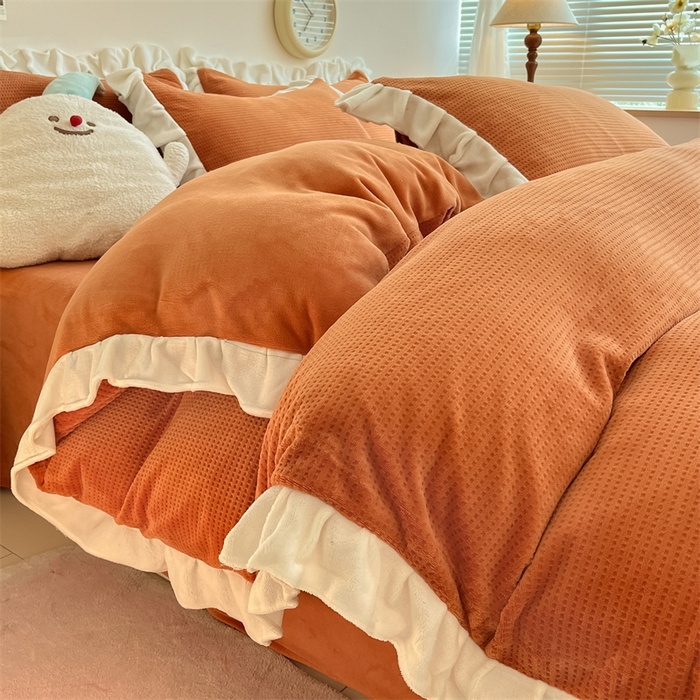 91家纺网 家纺一手货源 找家纺 星座家纺 2025新款华夫格花边款牛奶绒四件套 华夫格-亮橙