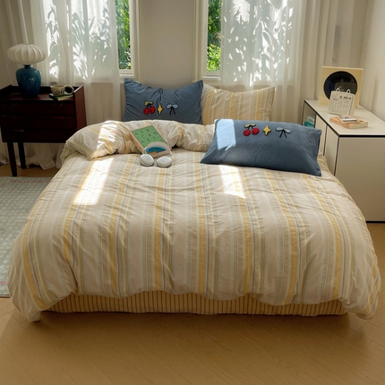 桃子家居 2024新款A类色织毛巾绣条纹小清新野原混搭纯棉系列四件套 色织水洗棉-西蒙黄樱桃