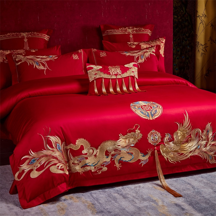 91家纺网 家纺一手货源 找家纺 宏羽纺家纺 2024新款13372纯棉婚庆套件系列 龙凤戏珠