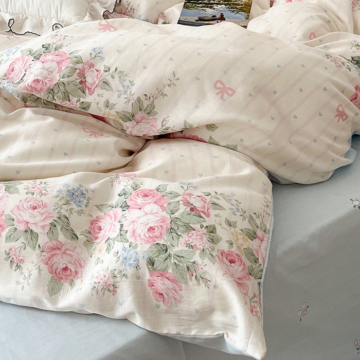 91家纺网 家纺一手货源 找家纺 昔可家纺 2024新款13070全棉四件套系列第二批 粉条爱心玫瑰