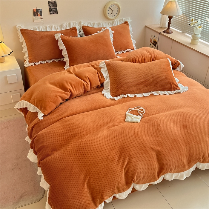 91家纺网 家纺一手货源 找家纺 星座家纺 2025新款华夫格花边款牛奶绒四件套 华夫格-亮橙