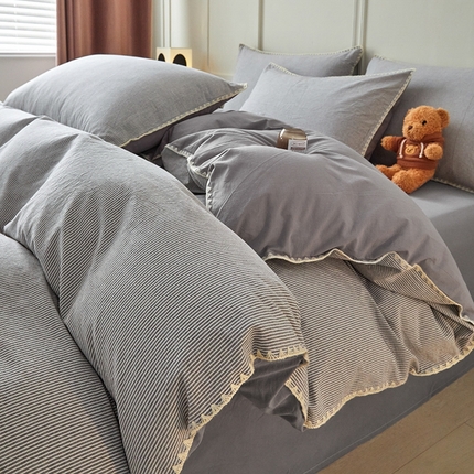 吉象家纺 2024新款A类全棉色织水洗棉贝壳边三角针四件套    秘境浅灰