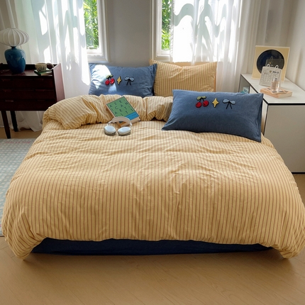 91家纺网 家纺一手货源 找家纺 （总）桃子家居 2024新款A类色织毛巾绣条纹小清新野原混搭纯棉系列四件套