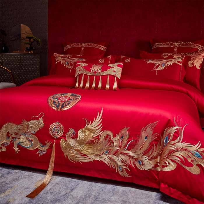 91家纺网 家纺一手货源 找家纺 宏羽纺家纺 2024新款13372纯棉婚庆套件系列 龙凤戏珠