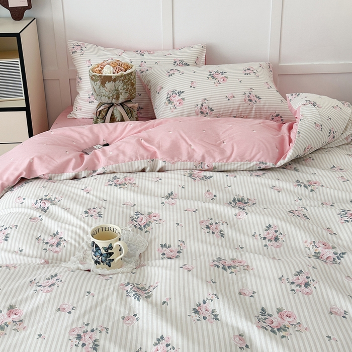 91家纺网 家纺一手货源 找家纺 昔可家纺 2024新款13372全棉亲肤四件套-复古系列 竖条春日玫瑰