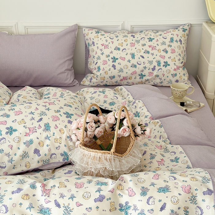 91家纺网 家纺一手货源 找家纺 昔可家纺 2024新款全棉拼接嵌绳款四件套 麋鹿森林