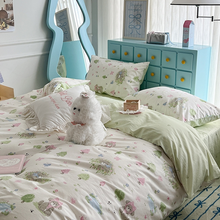 91家纺网 家纺一手货源 找家纺 昔可家纺 2024新款13372全棉亲肤四件套-小清新系列 奶芙小狗