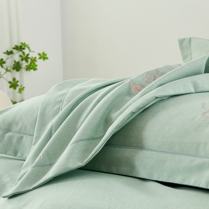 91家纺网 家纺一手货源 找家纺 U品汇 2024新品生态加厚长绒棉纯棉绣花40S全棉磨毛刺绣四件套宽边款 梵诗迪-青翠绿