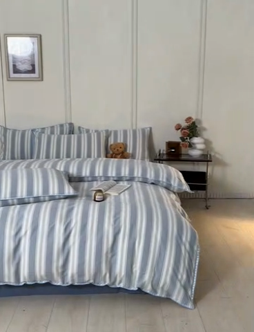 91家纺网 家纺一手货源 找家纺 吉象家纺 2024新款A类全棉色织水洗棉贝壳边三角针四件套    青春浅蓝