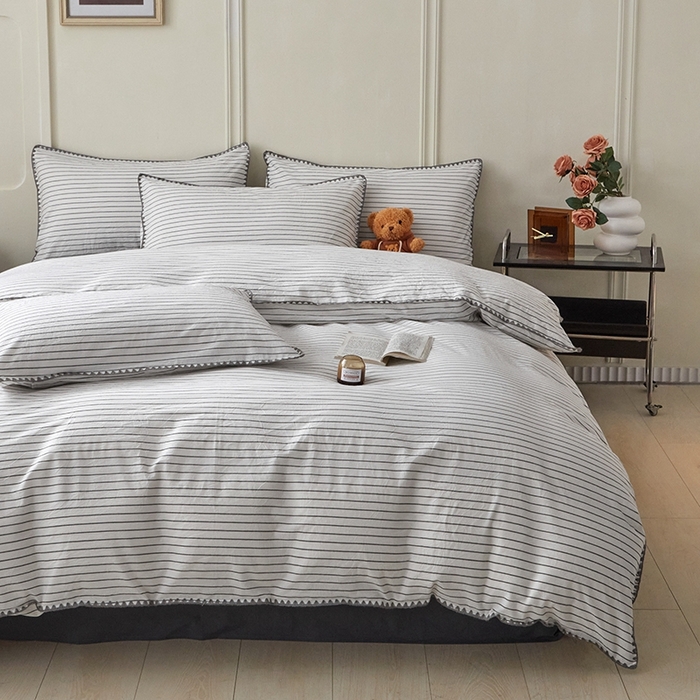 91家纺网 家纺一手货源 找家纺 吉象家纺 2024新款A类全棉色织水洗棉贝壳边三角针四件套    时光横条