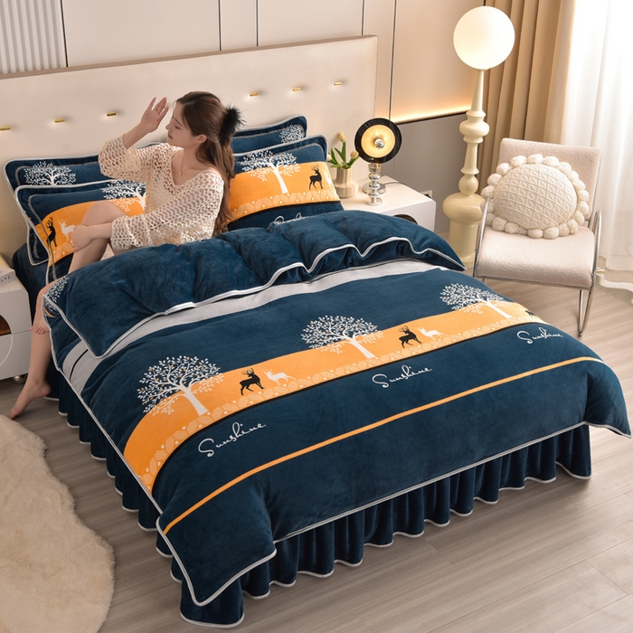 91家纺网 家纺一手货源 找家纺 绒宴 2025新款8.5斤牛奶绒金貂法莱绒床裙款保暖四件套 秋日森林-鹿