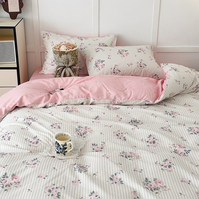 91家纺网 家纺一手货源 找家纺 昔可家纺 2024新款13372全棉亲肤四件套-复古系列 竖条春日玫瑰