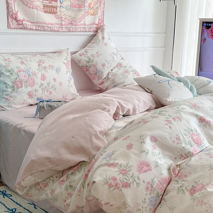 91家纺网 家纺一手货源 找家纺 昔可家纺 2024新款13372全棉亲肤四件套-小清新系列 芮蔓花园