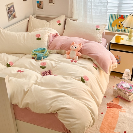 2024新款牛奶绒毛巾绣花四件套宝宝绒婴儿绒秋冬加厚法莱绒法兰绒珊瑚绒水晶绒三件套 郁金香