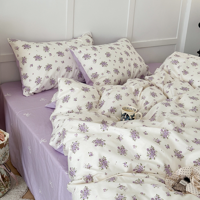 91家纺网 家纺一手货源 找家纺 昔可家纺 2024新款13372全棉亲肤四件套-小清新系列 迷迭紫花