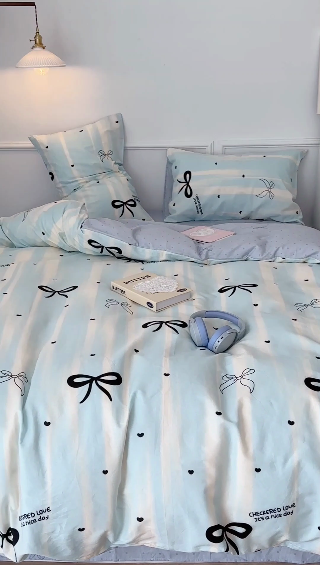 91家纺网 家纺一手货源 找家纺 昔可家纺 2024新款13070全棉四件套系列第二批 奶蓝条蝴蝶结