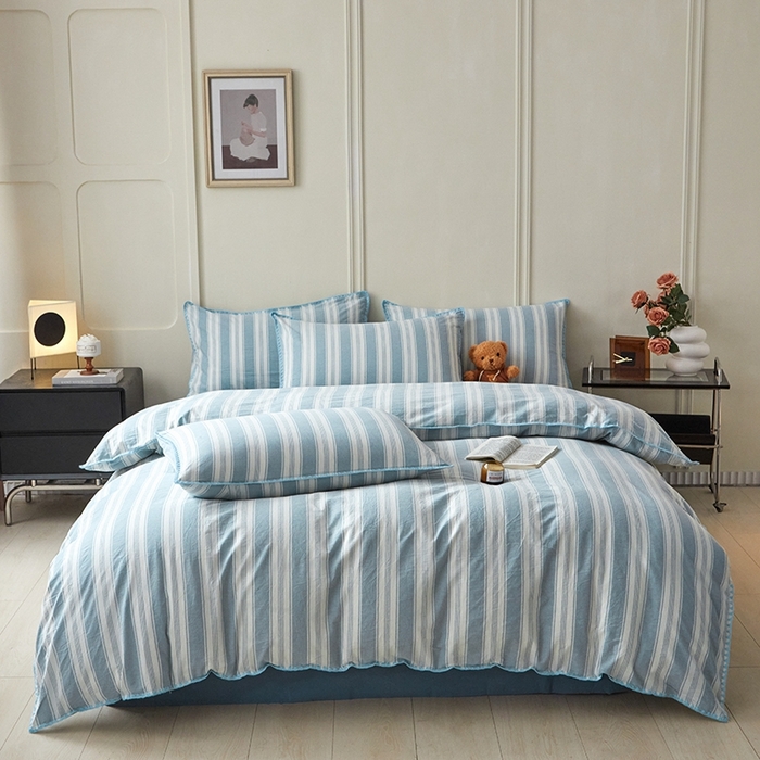 91家纺网 家纺一手货源 找家纺 吉象家纺 2024新款A类全棉色织水洗棉贝壳边三角针四件套    青春浅蓝