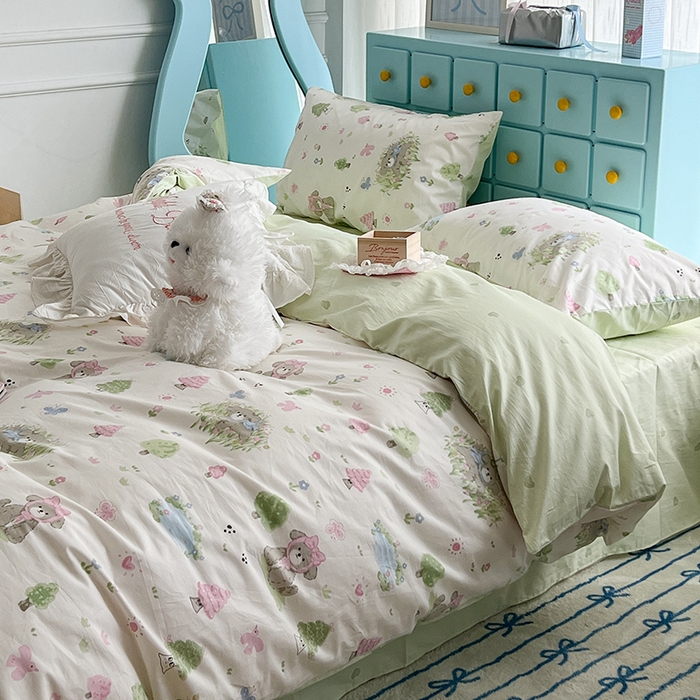 91家纺网 家纺一手货源 找家纺 昔可家纺 2024新款13372全棉亲肤四件套-小清新系列 奶芙小狗