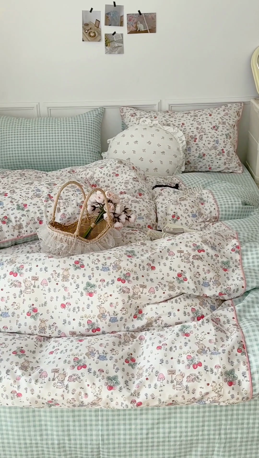 91家纺网 家纺一手货源 找家纺 昔可家纺 2024新款全棉拼接嵌绳款四件套 蘑菇兔兔庄园