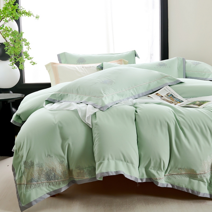 91家纺网 家纺一手货源 找家纺 U品汇 2024新品生态加厚长绒棉纯棉绣花100S全棉磨毛刺绣四件套高级50支双股 加州风情 清水绿