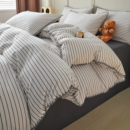 吉象家纺 2024新款A类全棉色织水洗棉贝壳边三角针四件套    时光横条