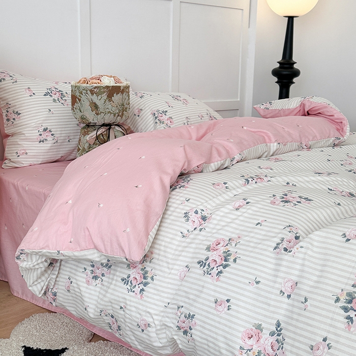 91家纺网 家纺一手货源 找家纺 昔可家纺 2024新款13372全棉亲肤四件套-复古系列 竖条春日玫瑰