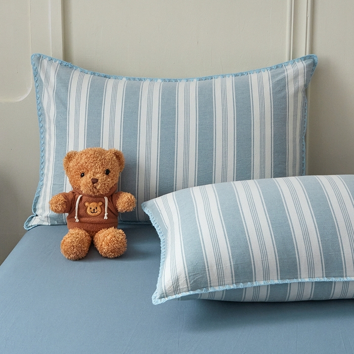 91家纺网 家纺一手货源 找家纺 吉象家纺 2024新款A类全棉色织水洗棉贝壳边三角针四件套    青春浅蓝