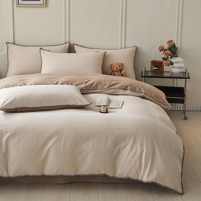 91家纺网 家纺一手货源 找家纺 吉象家纺 2024新款A类全棉色织水洗棉贝壳边三角针四件套    秘境奶咖