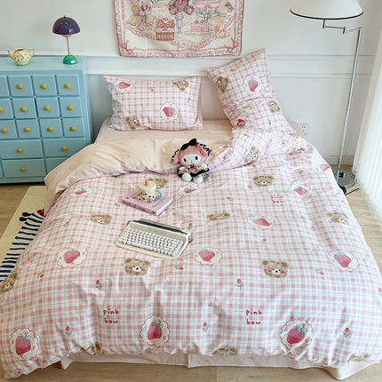 昔可家纺 2024新款13372全棉亲肤四件套-卡通系列 格子草莓熊