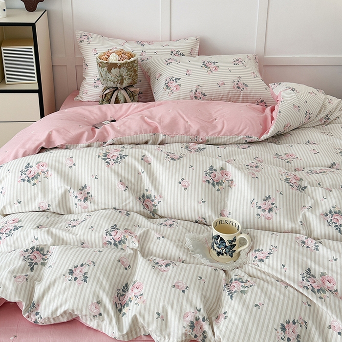 91家纺网 家纺一手货源 找家纺 昔可家纺 2024新款13372全棉亲肤四件套-复古系列 竖条春日玫瑰