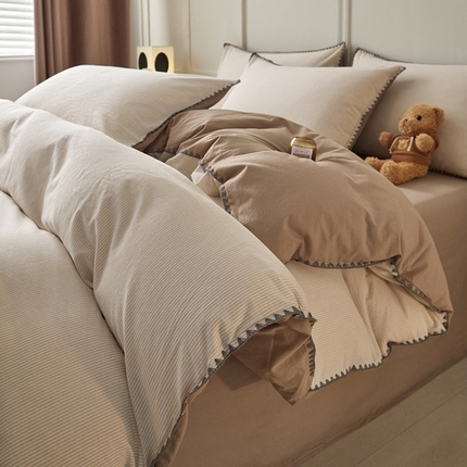 吉象家纺 2024新款A类全棉色织水洗棉贝壳边三角针四件套    秘境奶咖