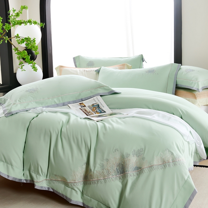 91家纺网 家纺一手货源 找家纺 U品汇 2024新品生态加厚长绒棉纯棉绣花100S全棉磨毛刺绣四件套高级50支双股 加州风情 清水绿