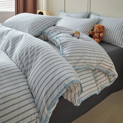 吉象家纺 2024新款A类全棉色织水洗棉贝壳边三角针四件套    时光浅蓝