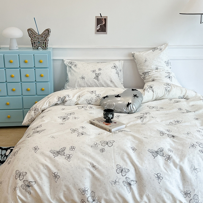 91家纺网 家纺一手货源 找家纺 昔可家纺 2024新款13372全棉亲肤四件套-小清新系列 素描蝴蝶