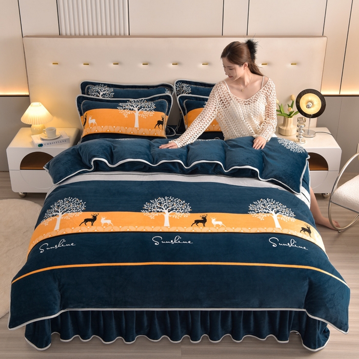 91家纺网 家纺一手货源 找家纺 绒宴 2025新款8.5斤牛奶绒金貂法莱绒床裙款保暖四件套 秋日森林-鹿