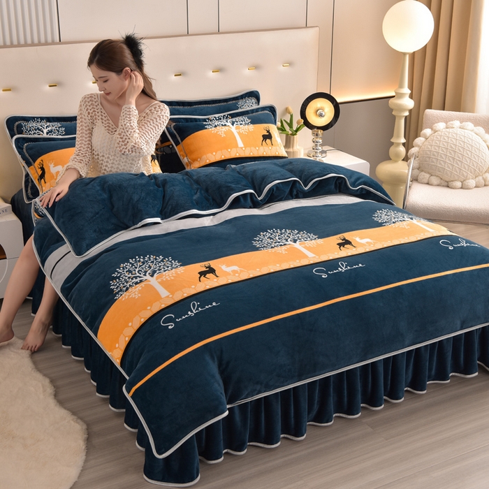 91家纺网 家纺一手货源 找家纺 绒宴 2025新款8.5斤牛奶绒金貂法莱绒床裙款保暖四件套 秋日森林-鹿