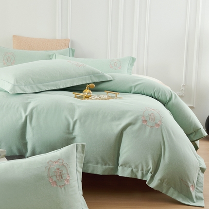 U品汇 2024新品生态加厚长绒棉纯棉绣花40S全棉磨毛刺绣四件套宽边款 梵诗迪-青翠绿