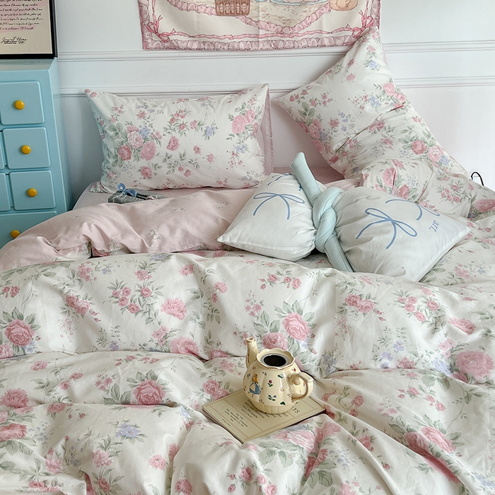 91家纺网 家纺一手货源 找家纺 昔可家纺 2024新款13372全棉亲肤四件套-小清新系列 芮蔓花园