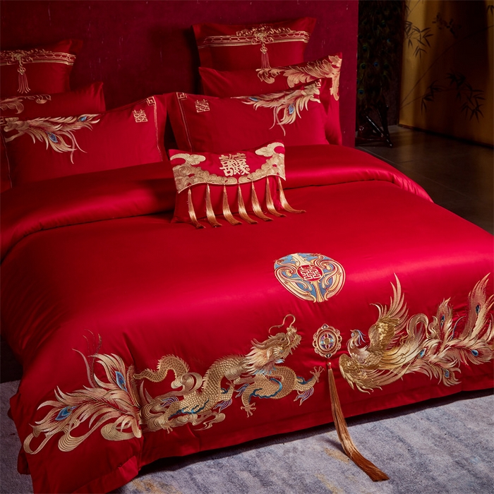 91家纺网 家纺一手货源 找家纺 宏羽纺家纺 2024新款13372纯棉婚庆套件系列 龙凤戏珠