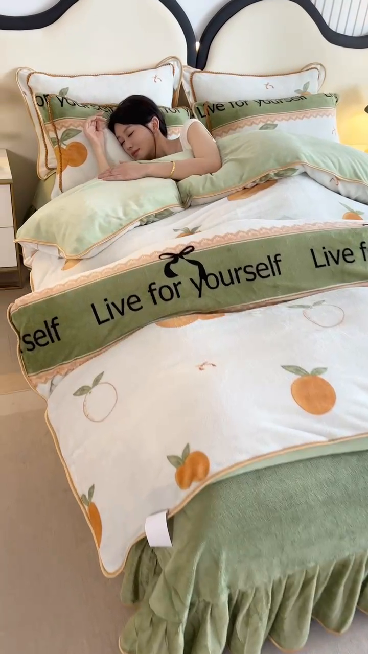 91家纺网 家纺一手货源 找家纺 爱洛 2024新款日产过万爆款印花牛奶绒四件套 心想事橙