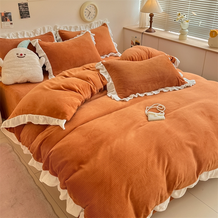 91家纺网 家纺一手货源 找家纺 星座家纺 2025新款华夫格花边款牛奶绒四件套 华夫格-亮橙