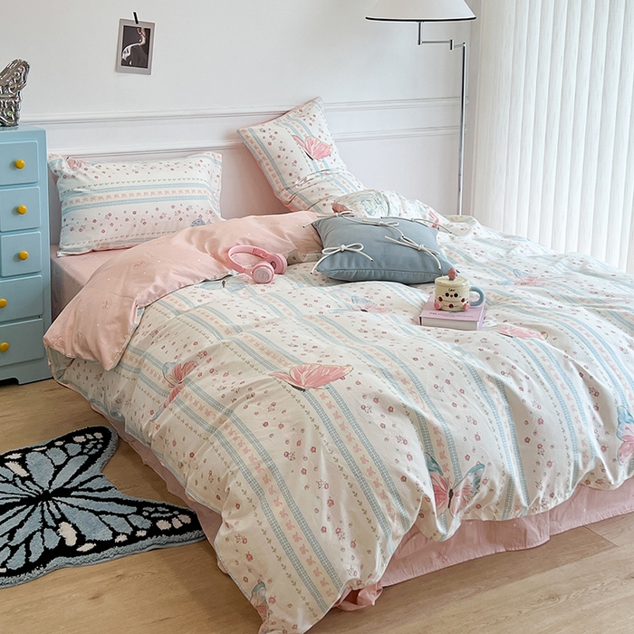 91家纺网 家纺一手货源 找家纺 昔可家纺 2024新款13372全棉亲肤四件套-小清新系列 粉色琉璃蝴蝶