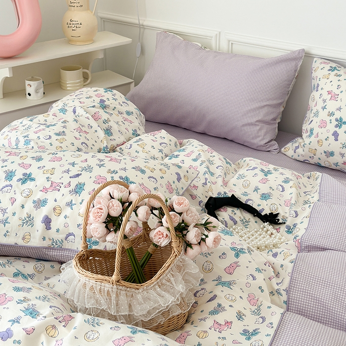 91家纺网 家纺一手货源 找家纺 昔可家纺 2024新款全棉拼接嵌绳款四件套 麋鹿森林