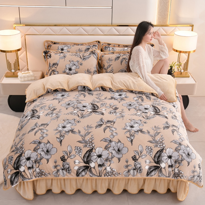 91家纺网 家纺一手货源 找家纺 芯诗曼2025新款8.5斤直播热款高克重牛奶绒法莱绒水晶金貂法莱绒四件套春华秋实